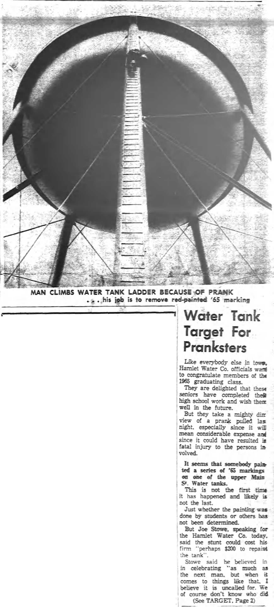 1965 June 4 Water tank prank.jpg