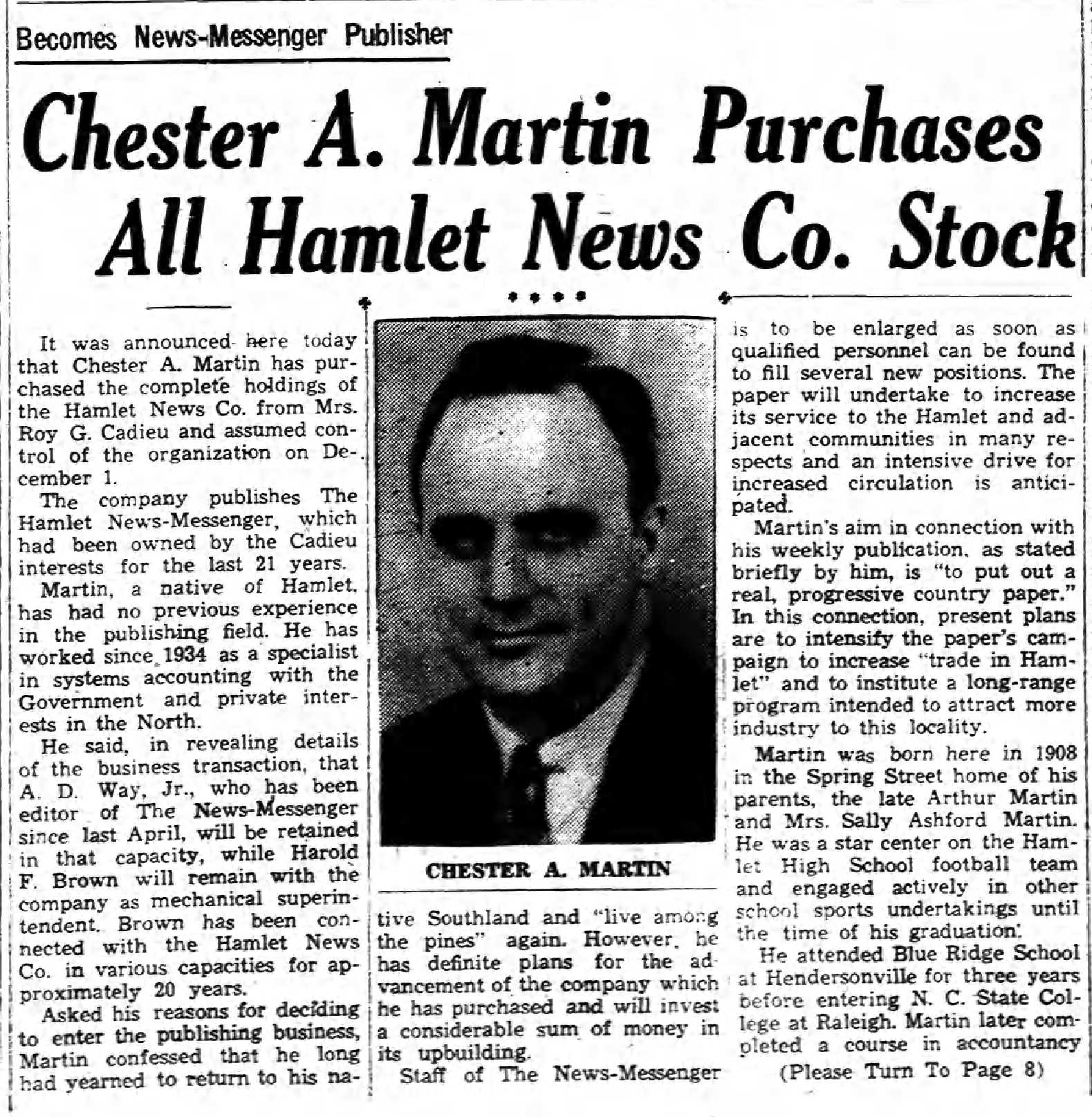 1947 Chester Martin buys Hamlet News a.jpg