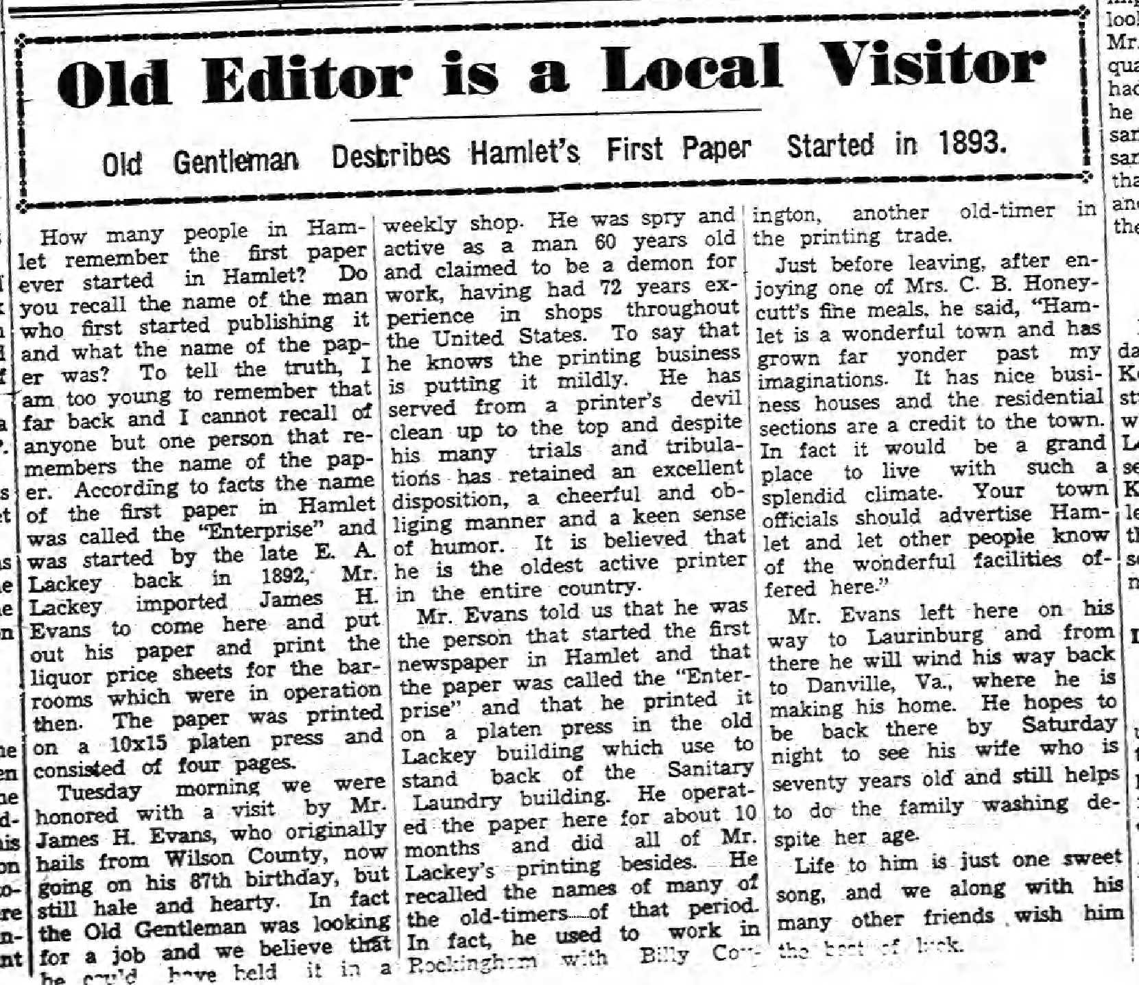 1938 article about first Hamlet Newspaper.jpg