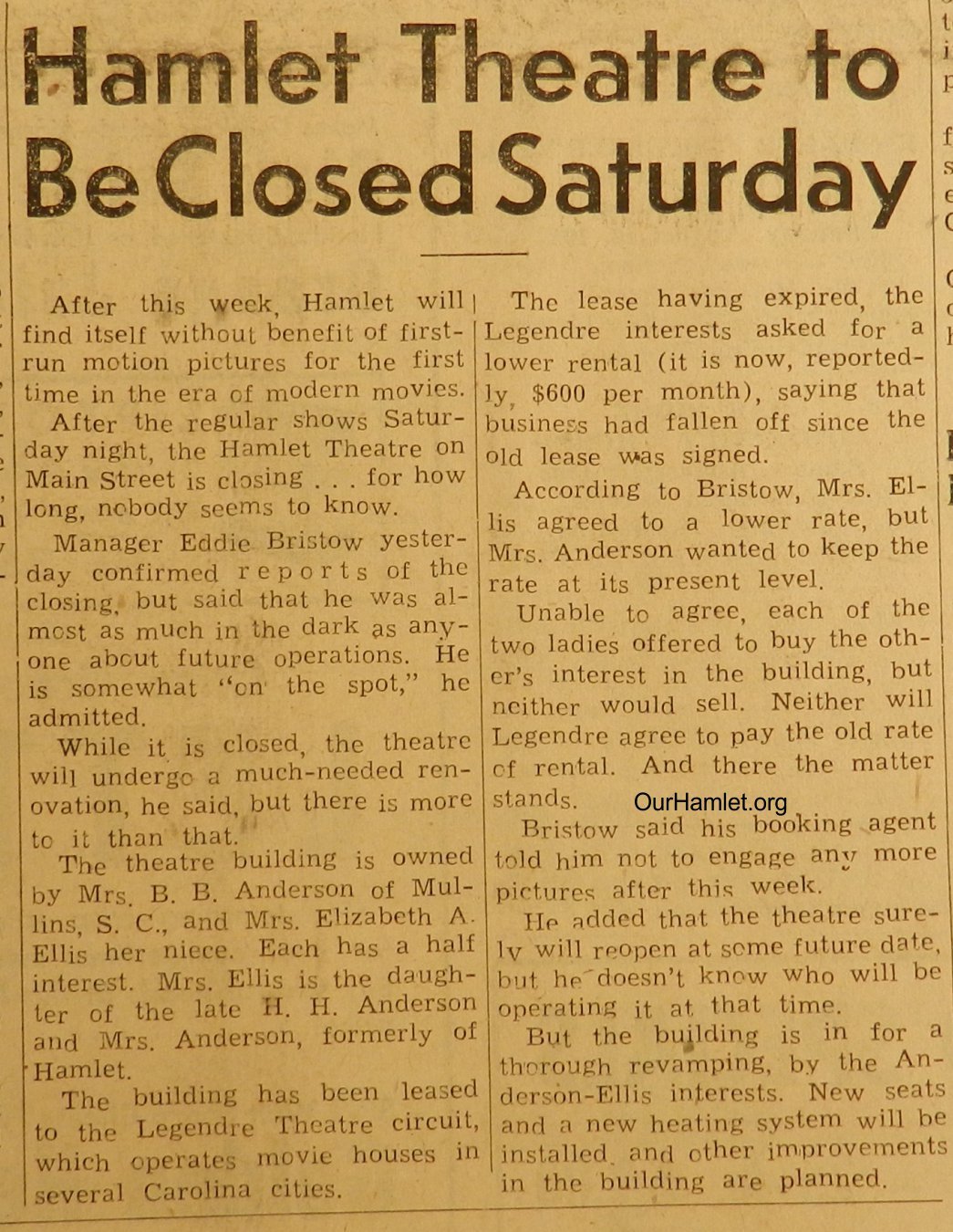 1952 Hamlet Theater closes OH.jpg