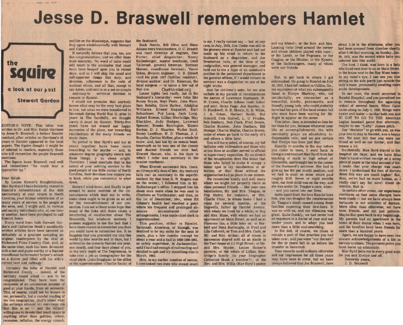 The Squire - Jesse D Braswell remembers Hamlet OH